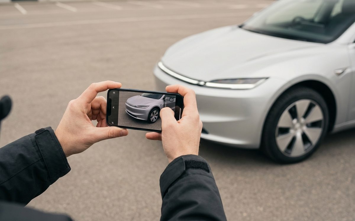Hände fotografieren den Kotflügel eines Fahrzeugs zur Zustandsdokumentation
