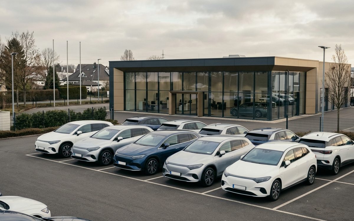 Neuwagen in Reihen auf dem Hof eines Autohauses