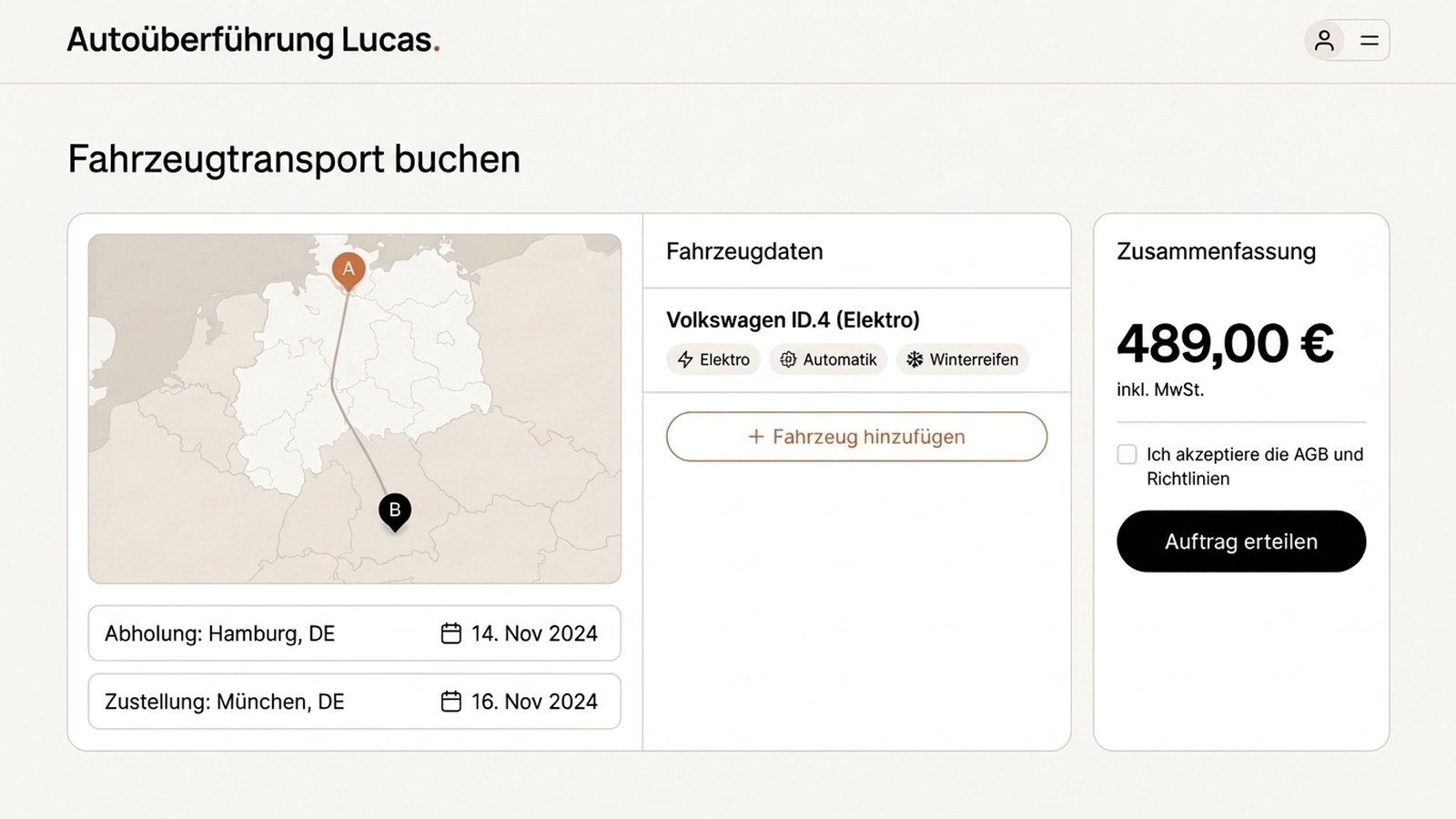 Ansicht des Auftragsportals mit Strecke, Fahrzeugdaten und Auftragsübersicht